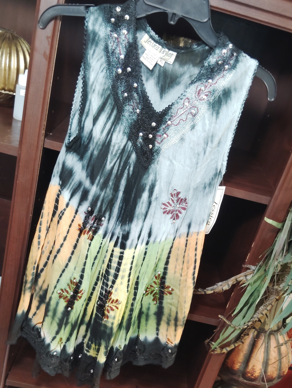 Jessica Taylor Green & Yellow Tie-Dye Embellished V-Neck Tank